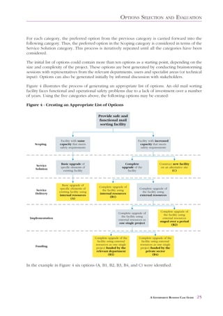 OPTIONS SELECTION           AND     EVALUATION


For each category, the preferred option from the previous category is carried forward into the
following category. Thus, the preferred option in the Scoping category is considered in terms of the
Service Solution category. This process is iteratively repeated until all the categories have been
considered.

The initial list of options could contain more than ten options as a starting point, depending on the
size and complexity of the project. These options are best generated by conducting brainstorming
sessions with representatives from the relevant departments, users and specialist areas (or technical
input). Options can also be generated initially by informal discussion with stakeholders.

Figure 4 illustrates the process of generating an appropriate list of options. An old mail sorting
facility faces functional and operational safety problems due to a lack of investment over a number
of years. Using the five categories above, the following options may be created:

Figure 4 - Creating an Appropriate List of Options




In the example in Figure 4 six options (A, B1, B2, B3, B4, and C) were identified.




                                                                       A GOVERNMENT BUSINESS CASE GUIDE   25
 