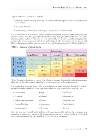 OPTIONS SELECTION         AND     EVALUATION


Typical methods to identify risks include:

                • Structured review meetings involving key stakeholders in the project as well as the Business
                  Case authors

                • Risk audit interviews

                • Brainstorming sessions at an early stage to identify risks to be considered.

It is recommended that the standard approach to risk management, as prescribed by the Government
in the document “Risk Management for Public Works, Risk Management User Manual”8 be used to
identify, analyse and assess the risks for each option. The process involves identifying the risks
using similar processes as described above and using a five by five matrix of consequence and
likelihood to asses each of the risks. An example of a typical risk matrix is provided below in Table 12.

Table 12 - Example of a Risk Matrix

                                                                        Consequence

                                       Insignificant       Minor         Moderate        Major           Catastrophic
 Probability (Likelihood)




                             Rare          Low              Low            Low           Medium              Medium

                            Unlikely       Low              Low           Medium         Medium                High

                            Possible       Low            Medium          Medium          High                 High

                             Likely      Medium           Medium           High           High             Very High

                            Frequent     Medium             High           High         Very High           Extreme

Where the impacts of risks are too severe to be effectively managed through a focused risk management
plan, the viability of the option should be re-considered as part of the option analysis.

It is prudent to consider the project risks in a number of categories, to ensure that all aspects of the
project have been considered. Some typical categories that may be used to identify risks are:

          • Environment                                • Legal                      • Workforce

          • Economic                                   • Political                  • Management

          • Stakeholder/community                      • Design                     • Organisational

          • Financial/funding                          • Construction               • Technological

          • Implementation                             • Operation                  • Probity

Once the risks have been identified and assessed, a decision must be made on the appropriate risk
management actions. An example of risk management requirements is shown in Table 13. Detailed
action plans to manage the risks should be developed where appropriate.




                                                                                       A GOVERNMENT BUSINESS CASE GUIDE   37
 