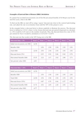 NET PRESENT VALUE          AND INTERNAL      RATE      OF   RETURN                          APPENDIX 4


Examples of Internal Rate of Return (IRR) Calculation

If a project has an initial non-recurrent cost of $12.5M and annual benefits of $3.5M per year for the
next five years, what is the IRR?

To find out the IRR, we start off by using a “guess” discount rate close to the current bank lending
rate, and adjust the rate on an iterative basis until the NPV of the project is zero.

In the example below a discount factor is shown explicitly to illustrate the process. The discount
factor is defined as 1/(1+i)n, where i is the chosen discount rate per period (expressed as a decimal,
i.e. 15% would be 0.15) and n is the number of periods. Thus, the discount factor for a rate of 15%
per annum for Year 3 would be calculated as 1/(1+0.15)3 = 0.6575.

The discount rate that results in the NPV being zero is the IRR.

 Discount Rate = 5%                Year 0      Year 1       Year 2   Year 3        Year 4        Year 5

 Initial non-recurrent cost ($M)    -12.50

 Benefits ($M)                                  3.50         3.50      3.50          3.50          3.50

 Total ($M)                         -12.50      3.50         3.50      3.50          3.50          3.50

 Discount factor (5%)                           0.95         0.91      0.86          0.82          0.78

 Discounted benefits ($M)           15.15       3.33         3.17      3.02          2.88          2.74

 Net present value ($M)              2.65



 Discount Rate = 15%               Year 0      Year 1       Year 2   Year 3        Year 4        Year 5

 Initial non-recurrent cost ($M)    -12.50

 Benefits ($M)                                  3.50         3.50      3.50          3.50          3.50

 Total ($M)                         -12.50      3.50         3.50      3.50          3.50          3.50

 Discount factor (15%)                          0.87         0.76      0.66          0.57          0.50

 Discounted benefits ($M)           11.73       3.04         2.65      2.30          2.00          1.74

 Net present value ($M)              -0.77




                                                                        A GOVERNMENT BUSINESS CASE GUIDE   87
 