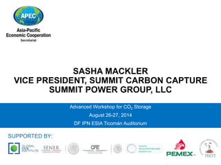 SASHA MACKLER 
VICE PRESIDENT, SUMMIT CARBON CAPTURE 
SUMMIT POWER GROUP, LLC 
Advanced Workshop for CO2 Storage 
August 26-27, 2014 
DF IPN ESIA Ticomán Auditorium 
SUPPORTED BY: 
 