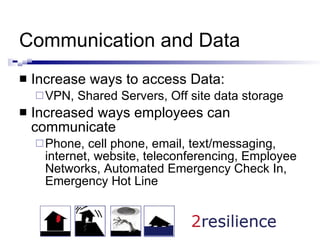 Communication and Data Increase ways to access Data: VPN, Shared Servers, Off site data storage Increased ways employees can communicate Phone, cell phone, email, text/messaging, internet, website, teleconferencing, Employee Networks, Automated Emergency Check In, Emergency Hot Line 