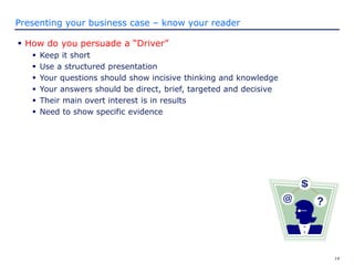 14
Presenting your business case – know your reader
 How do you persuade a “Driver”
 Keep it short
 Use a structured presentation
 Your questions should show incisive thinking and knowledge
 Your answers should be direct, brief, targeted and decisive
 Their main overt interest is in results
 Need to show specific evidence
 