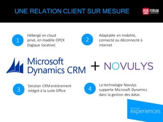 experiences
by Microsoft
UNE RELATION CLIENT SUR MESURE
Adaptable	
  en	
  mobilité,	
  
connecté	
  ou	
  déconnecté	
  à	
  
internet
Hébergé	
  en	
  cloud	
  
privé,	
  en	
  modèle	
  OPEX	
  
(logique	
  locative)
Solution	
  CRM	
  entièrement	
  
intégré	
  à	
  la	
  suite	
  Office
1 2
3
La	
  technologie	
  Novulys
supporte	
  Microsoft	
  Dynamics	
  
dans	
  la	
  gestion	
  des	
  datas
4
+
 