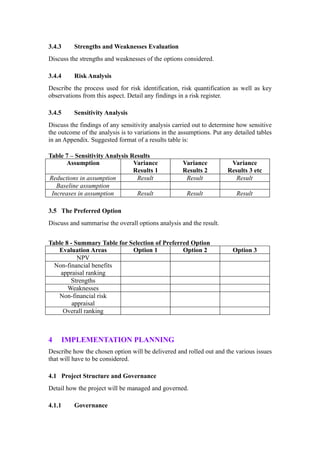 3.4.3     Strengths and Weaknesses Evaluation
Discuss the strengths and weaknesses of the options considered.

3.4.4     Risk Analysis
Describe the process used for risk identification, risk quantification as well as key
observations from this aspect. Detail any findings in a risk register.

3.4.5     Sensitivity Analysis
Discuss the findings of any sensitivity analysis carried out to determine how sensitive
the outcome of the analysis is to variations in the assumptions. Put any detailed tables
in an Appendix. Suggested format of a results table is:

Table 7 – Sensitivity Analysis Results
      Assumption                Variance            Variance           Variance
                                Results 1           Results 2         Results 3 etc
Reductions in assumption         Result              Result              Result
   Baseline assumption
 Increases in assumption         Result               Result              Result

3.5 The Preferred Option
Discuss and summarise the overall options analysis and the result.


Table 8 - Summary Table for Selection of Preferred Option
   Evaluation Areas          Option 1           Option 2                Option 3
           NPV
  Non-financial benefits
    appraisal ranking
        Strengths
       Weaknesses
   Non-financial risk
         appraisal
     Overall ranking



4    IMPLEMENTATION PLANNING
Describe how the chosen option will be delivered and rolled out and the various issues
that will have to be considered.

4.1 Project Structure and Governance
Detail how the project will be managed and governed.

4.1.1     Governance
 
