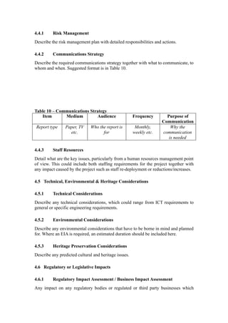 4.4.1     Risk Management
Describe the risk management plan with detailed responsibilities and actions.

4.4.2     Communications Strategy
Describe the required communications strategy together with what to communicate, to
whom and when. Suggested format is in Table 10.




Table 10 – Communications Strategy
   Item       Medium          Audience                 Frequency       Purpose of
                                                                     Communication
Report type     Paper, TV     Who the report is         Monthly,         Why the
                  etc.              for                weekly etc.   communication
                                                                        is needed

4.4.3     Staff Resources
Detail what are the key issues, particularly from a human resources management point
of view. This could include both staffing requirements for the project together with
any impact caused by the project such as staff re-deployment or reductions/increases.

4.5 Technical, Environmental & Heritage Considerations

4.5.1     Technical Considerations
Describe any technical considerations, which could range from ICT requirements to
general or specific engineering requirements.

4.5.2     Environmental Considerations
Describe any environmental considerations that have to be borne in mind and planned
for. Where an EIA is required, an estimated duration should be included here.

4.5.3     Heritage Preservation Considerations
Describe any predicted cultural and heritage issues.

4.6 Regulatory or Legislative Impacts

4.6.1     Regulatory Impact Assessment / Business Impact Assessment
Any impact on any regulatory bodies or regulated or third party businesses which
 