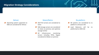 10
Migration Strategy Considerations
Rehost
Operating system supported on
AWS are considered for Rehost
Retain/Retire
Old Print servers are considered to
retire
SAN storage servers are considered
to retain on-premise and optimize
storage further
All infrastructure monitoring
servers including PRTG, Nagios
considered to Retain on-premise
Re-platform
K8 systems are considered to re-
platform to Amazon EKS
Load Balancers will be re-
platformed to AWS ELB
 