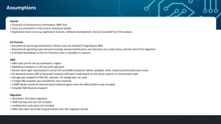19
Assumptions
Overall
> Source(s) of infrastructure information: MPA Tool
> Costs are presented in USD (unless otherwise stated)
> Application level costs (e.g. application licenses, software development, etc) are excluded from this analysis
On Premise
> Assumed all upcoming environment refresh costs are avoided if migrating to AWS
> Assumed all operating costs (annual licensing, annual maintenance, etc) decrease on a linear basis until the end of the migration
> A detailed breakdown of the On Premises costs is available on request
AWS
> AWS costs are for the ap-southeast-1 region
> Modelling is based on a lift-and-shift approach
> Servers were right sized based on actual CPU and RAM utilizations where available, other industry benchmarks were used.
> On demand servers (40) vs Reserved instances (44) were made based on the server uptime, or environment type.
> Storage was mapped to EBS SSD volumes. S3 storage was not used.
> A single EBS snapshot was included for each machine
> 12000 GB per month of internet based network egress from the AWS platform was included.
> Included AWS Business Support
Migration
> Assumed a 24 month migration
> Staff training costs are not included
> Landing Zone costs were not included
> AWS costs were assumed to grow linearly over the migration period.
 