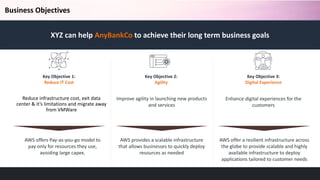 Business Objectives
Reduce infrastructure cost, exit data
center & it’s limitations and migrate away
from VMWare
Key Objective 1:
Reduce IT Cost
Improve agility in launching new products
and services
Key Objective 2:
Agility
Enhance digital experiences for the
customers
Key Objective 3:
Digital Experience
AWS offers Pay-as-you-go model to
pay only for resources they use,
avoiding large capex.
AWS provides a scalable infrastructure
that allows businesses to quickly deploy
resources as needed
AWS offer a resilient infrastructure across
the globe to provide scalable and highly
available infrastructure to deploy
applications tailored to customer needs
XYZ can help AnyBankCo to achieve their long term business goals
 