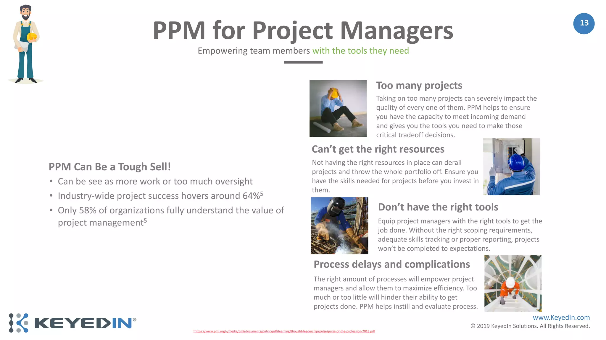 www.KeyedIn.com
© 2019 KeyedIn Solutions. All Rights Reserved.
13
• Can be see as more work or too much oversight
• Industry-wide project success hovers around 64%5
• Only 58% of organizations fully understand the value of
project management5
PPM Can Be a Tough Sell!
PPM for Project Managers
Empowering team members with the tools they need
Too many projects
Don’t have the right tools
Can’t get the right resources
Process delays and complications
Taking on too many projects can severely impact the
quality of every one of them. PPM helps to ensure
you have the capacity to meet incoming demand
and gives you the tools you need to make those
critical tradeoff decisions.
Not having the right resources in place can derail
projects and throw the whole portfolio off. Ensure you
have the skills needed for projects before you invest in
them.
Equip project managers with the right tools to get the
job done. Without the right scoping requirements,
adequate skills tracking or proper reporting, projects
won’t be completed to expectations.
The right amount of processes will empower project
managers and allow them to maximize efficiency. Too
much or too little will hinder their ability to get
projects done. PPM helps instill and evaluate process.
5https://www.pmi.org/-/media/pmi/documents/public/pdf/learning/thought-leadership/pulse/pulse-of-the-profession-2018.pdf
 