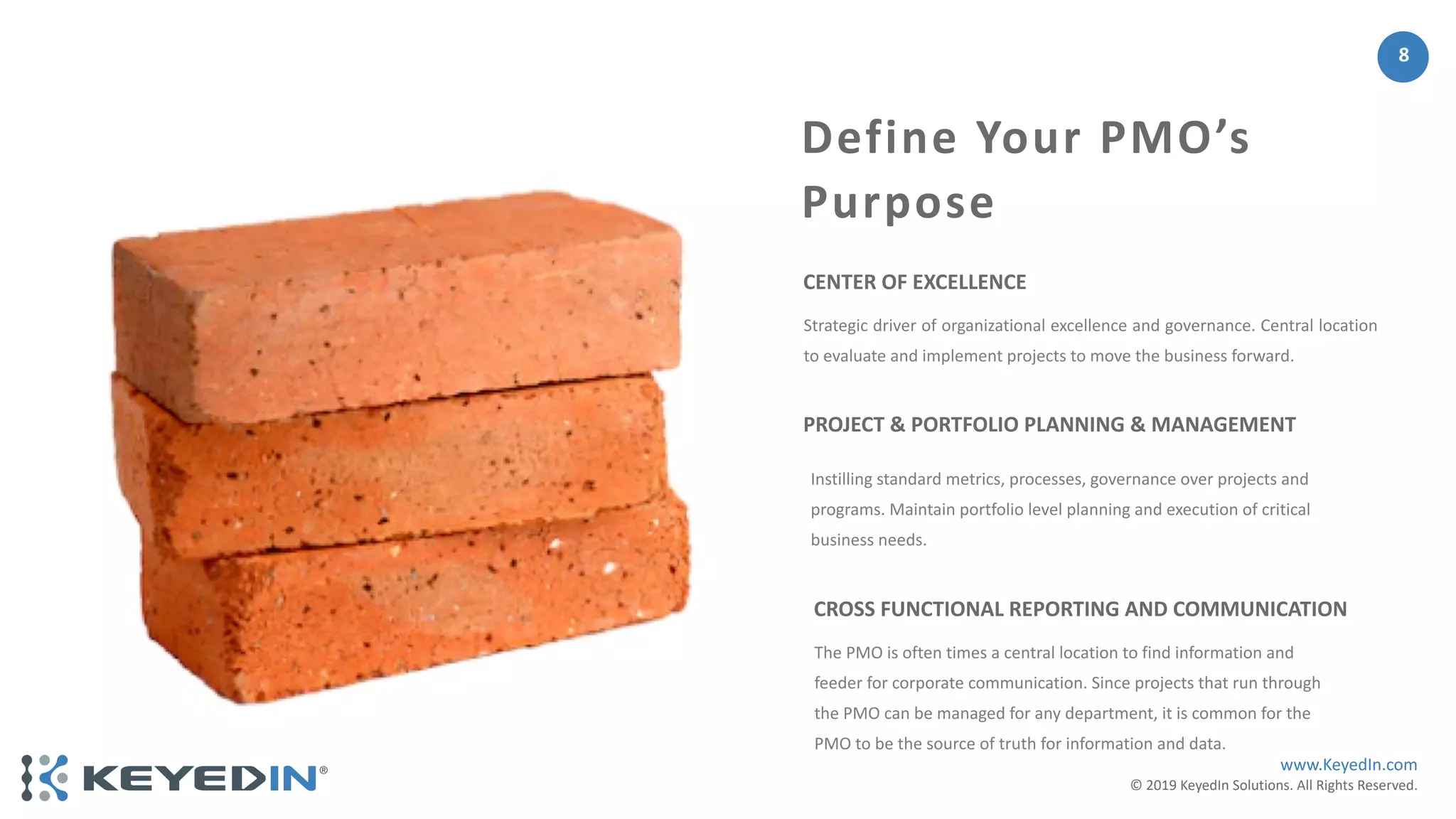 www.KeyedIn.com
© 2019 KeyedIn Solutions. All Rights Reserved.
8
Instilling standard metrics, processes, governance over projects and
programs. Maintain portfolio level planning and execution of critical
business needs.
PROJECT & PORTFOLIO PLANNING & MANAGEMENT
The PMO is often times a central location to find information and
feeder for corporate communication. Since projects that run through
the PMO can be managed for any department, it is common for the
PMO to be the source of truth for information and data.
CROSS FUNCTIONAL REPORTING AND COMMUNICATION
Strategic driver of organizational excellence and governance. Central location
to evaluate and implement projects to move the business forward.
CENTER OF EXCELLENCE
Define Your PMO’s
Purpose
 