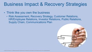 • Think like you own the business
• Risk Assessment, Recovery Strategy, Customer Relations,
HR/Employee Relations, Investo...