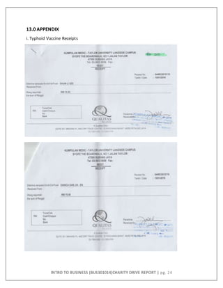 INTRO TO BUSINESS (BUS301014)CHARITY DRIVE REPORT | pg. 24
13.0 APPENDIX
i. Typhoid Vaccine Receipts
 
