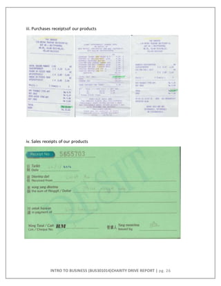 INTRO TO BUSINESS (BUS301014)CHARITY DRIVE REPORT | pg. 26
iii. Purchases receiptsof our products
iv. Sales receipts of our products
 
