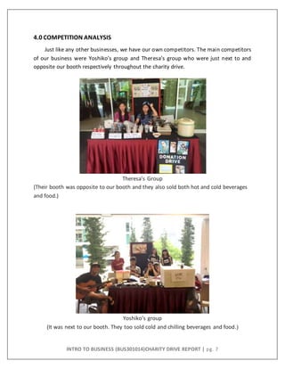 INTRO TO BUSINESS (BUS301014)CHARITY DRIVE REPORT | pg. 7
4.0 COMPETITION ANALYSIS
Just like any other businesses, we have our own competitors. The main competitors
of our business were Yoshiko’s group and Theresa’s group who were just next to and
opposite our booth respectively throughout the charity drive.
Theresa’s Group
(Their booth was opposite to our booth and they also sold both hot and cold beverages
and food.)
Yoshiko’s group
(It was next to our booth. They too sold cold and chilling beverages and food.)
 