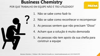 12
Business Chemistry | Professor MSc. Daniel de Carvalho Luz | daniel.luz@emaisweb.com | (15) 9 9126 5571
Business Chemistry
POR QUE TRABALHO EM EQUIPE NÃO É TÃO UTILIZADO?
1. Não se sabe como fazê-lo
2. Não se sabe como reconhecer e recompensar
3. As pessoas sentem que não precisam “Disso”
4. Acham que a solução é muito demorada
5. As pessoas não tem apoio da sua chefia para
construir a equipe
 