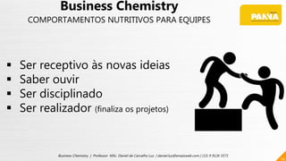 24
Business Chemistry | Professor MSc. Daniel de Carvalho Luz | daniel.luz@emaisweb.com | (15) 9 9126 5571
 Ser receptivo às novas ideias
 Saber ouvir
 Ser disciplinado
 Ser realizador (finaliza os projetos)
Business Chemistry
COMPORTAMENTOS NUTRITIVOS PARA EQUIPES
 