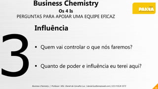 36
Business Chemistry | Professor MSc. Daniel de Carvalho Luz | daniel.luz@emaisweb.com | (15) 9 9126 5571
Business Chemistry
Os 4 Is
PERGUNTAS PARA APOIAR UMA EQUIPE EFICAZ
Influência
 Quem vai controlar o que nós faremos?
 Quanto de poder e influência eu terei aqui?
 