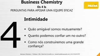 37
Business Chemistry | Professor MSc. Daniel de Carvalho Luz | daniel.luz@emaisweb.com | (15) 9 9126 5571
Business Chemistry
Os 4 Is
PERGUNTAS PARA APOIAR UMA EQUIPE EFICAZ
Intimidade
 Quão amigável somos mutuamente?
 Quanto podemos confiar um no outro?
 Como nós construiremos uma grande
confiança?
 