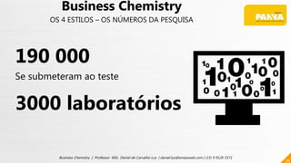 38
Business Chemistry | Professor MSc. Daniel de Carvalho Luz | daniel.luz@emaisweb.com | (15) 9 9126 5571
Business Chemistry
OS 4 ESTILOS – OS NÚMEROS DA PESQUISA
190 000
Se submeteram ao teste
3000 laboratórios
 