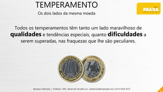 TEMPERAMENTO
Os dois lados da mesma moeda
Todos os temperamentos têm tanto um lado maravilhoso de
qualidades e tendências especiais, quanto dificuldades a
serem superadas, nas fraquezas que lhe são peculiares.
42
Business Chemistry | Professor MSc. Daniel de Carvalho Luz | daniel.luz@emaisweb.com | (15) 9 9126 5571
 