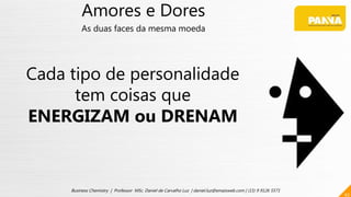 Amores e Dores
As duas faces da mesma moeda
Cada tipo de personalidade
tem coisas que
ENERGIZAM ou DRENAM
43
Business Chemistry | Professor MSc. Daniel de Carvalho Luz | daniel.luz@emaisweb.com | (15) 9 9126 5571
 