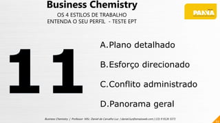63
Business Chemistry | Professor MSc. Daniel de Carvalho Luz | daniel.luz@emaisweb.com | (15) 9 9126 5571
Business Chemistry
OS 4 ESTILOS DE TRABALHO
ENTENDA O SEU PERFIL - TESTE EPT
A.Plano detalhado
B.Esforço direcionado
C.Conflito administrado
D.Panorama geral
 