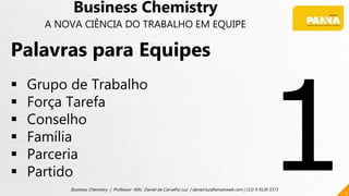 7
Business Chemistry | Professor MSc. Daniel de Carvalho Luz | daniel.luz@emaisweb.com | (15) 9 9126 5571
Palavras para Equipes
 Grupo de Trabalho
 Força Tarefa
 Conselho
 Família
 Parceria
 Partido
Business Chemistry
A NOVA CIÊNCIA DO TRABALHO EM EQUIPE
 