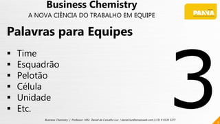 9
Business Chemistry | Professor MSc. Daniel de Carvalho Luz | daniel.luz@emaisweb.com | (15) 9 9126 5571
Palavras para Equipes
 Time
 Esquadrão
 Pelotão
 Célula
 Unidade
 Etc.
Business Chemistry
A NOVA CIÊNCIA DO TRABALHO EM EQUIPE
 