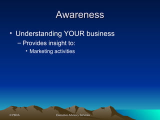 Awareness Understanding YOUR business Provides insight to: Marketing activities 
