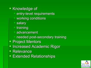 Knowledge of  entry-level requirements working conditions salary training advancement needed post-secondary training Project Mentors Increased Academic Rigor Relevance Extended Relationships 