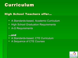 Curriculum High School Teachers offer… A Standards-based, Academic Curriculum High School Graduation Requirements A-G Requirements … and A Standards-based, CTE Curriculum A Sequence of CTE Courses 