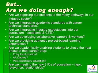 But… Are we doing enough? Are we exposing our students to the many pathways in our industry sector? Are we integrating academic standards with career technical standards? Are we integrating industry expectations into our curriculum – academic & CTE? Are we developing collaborative learners & workers? Are we providing authentic project-based learning experiences? Are we academically enabling students to chose the next phase of their career prep: Entry level position? AA Degree? Post-secondary education? Are we meeting the new 3 R’s of education – rigor, relevance, relationships? 