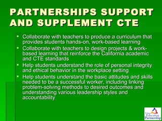 PARTNERSHIPS SUPPORT AND SUPPLEMENT CTE Collaborate with teachers to produce a curriculum that provides students hands-on, work-based learning  Collaborate with teachers to design projects & work-based learning that reinforce the California academic and CTE standards  Help students understand the role of personal integrity and ethical behavior in the workplace setting  Help students understand the basic attitudes and skills needed to be a successful worker, including linking problem-solving methods to desired outcomes and understanding various leadership styles and accountability  