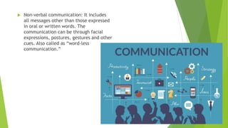  Non-verbal communication: It includes
all messages other than those expressed
in oral or written words. The
communication can be through facial
expressions, postures, gestures and other
cues. Also called as “word-less
communication.”
 