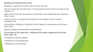 Reading and comprehension skills:
Reading is a significant process which involves not only
the use of eyes but also the mind. It is the process of brain where one looks at the
symbols on a
page and his mind sees the patterns of characters and understands the meaning in
them. At the
surface level it is a visual discrimination but on a deeper level it involves
evaluation and
interpretation. Reading is a dynamic activity based on competence and memory,
done with a
Specific purpose and essentially comprehensive.
On the basis of the objectives, reading skill has been categorised into three
basic types viz:
Reading for specific purpose
Reading for self development
Reading for entertainment
 