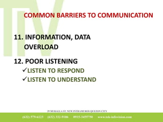 COMMON BARRIERS TO COMMUNICATION
11. INFORMATION, DATA
OVERLOAD
12. POOR LISTENING
LISTEN TO RESPOND
LISTEN TO UNDERSTAND
 