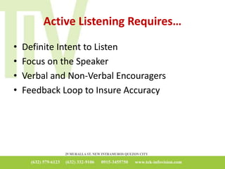Active Listening Requires…
• Definite Intent to Listen
• Focus on the Speaker
• Verbal and Non-Verbal Encouragers
• Feedback Loop to Insure Accuracy
 