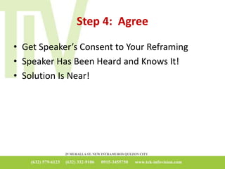 Step 4: Agree
• Get Speaker’s Consent to Your Reframing
• Speaker Has Been Heard and Knows It!
• Solution Is Near!
 