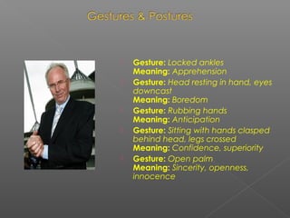  Gesture: Locked ankles
Meaning: Apprehension
 Gesture: Head resting in hand, eyes
downcast
Meaning: Boredom
 Gesture: Rubbing hands
Meaning: Anticipation
 Gesture: Sitting with hands clasped
behind head, legs crossed
Meaning: Confidence, superiority
 Gesture: Open palm
Meaning: Sincerity, openness,
innocence
 