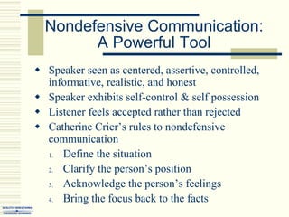 Nondefensive Communication:
A Powerful Tool
 Speaker seen as centered, assertive, controlled,
informative, realistic, and honest
 Speaker exhibits self-control & self possession
 Listener feels accepted rather than rejected
 Catherine Crier’s rules to nondefensive
communication
1. Define the situation
2. Clarify the person’s position
3. Acknowledge the person’s feelings
4. Bring the focus back to the facts
 