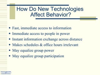 How Do New Technologies
Affect Behavior?
 Fast, immediate access to information
 Immediate access to people in power
 Instant information exchange across distance
 Makes schedules & office hours irrelevant
 May equalize group power
 May equalize group participation
 