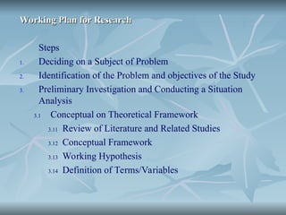 Working Plan for Research
Working Plan for Research
Steps
1. Deciding on a Subject of Problem
2. Identification of the Problem and objectives of the Study
3. Preliminary Investigation and Conducting a Situation
Analysis
3.1 Conceptual on Theoretical Framework
3.11 Review of Literature and Related Studies
3.12 Conceptual Framework
3.13 Working Hypothesis
3.14 Definition of Terms/Variables
 