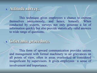 3.
3. Attitude survey
Attitude survey.
.
This technique gives employees a chance to express
themselves anonymously, and hence, honestly. When
conducted by experts, surveys not only generate a lot of
information quickly but also provide statistically valid answers
to wide range of questions.
.
4.
4. Grievance procedure.
Grievance procedure.
This form of upward communication provides unions
and management with formal machinery to air grievances on
all points of view, often in areas overlooked or considered
insignificant by supervisors. It gives employees a sense of
involvement and importance.
 