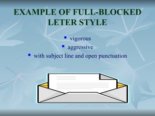 EXAMPLE OF FULL-BLOCKED
LETER STYLE
 vigorous
 aggressive
 with subject line and open punctuation
 