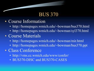 BUS 370
• Course Information
• http://homepages.wmich.edu/~bowman/bus370.html
• http://homepages.wmich.edu/~bowman/syl370.html
• Course Materials
• http://homepages.wmich.edu/~bowman/mir.html
• http://homepages.wmich.edu/~bowman/bus370.ppt
• Class Conference
• http://vms.cc.wmich.edu/www/confer/
• BUS370-DISC and BUS370-CASES
 