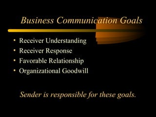 Business Communication Goals
• Receiver Understanding
• Receiver Response
• Favorable Relationship
• Organizational Goodwill
Sender is responsible for these goals.
 