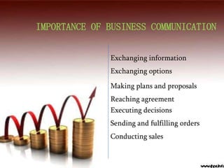 IMPORTANCE OF BUSINESS COMMUNICATIONExchanging informationExchanging optionsMaking plans and proposalsReaching agreementExecuting decisionsSending and fulfilling ordersConducting sales