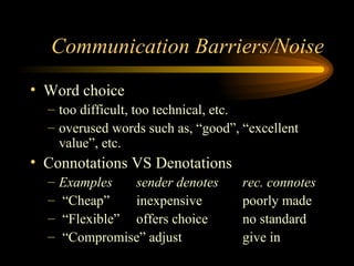 Communication Barriers/Noise Word choice too difficult, too technical, etc. overused words such as, “good”, “excellent value”, etc. Connotations VS Denotations Examples sender denotes rec. connotes “Cheap” inexpensive poorly made “Flexible” offers choice no standard “Compromise” adjust give in 