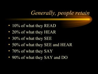 Generally, people retain 10% of what they READ 20% of what they HEAR 30% of what they SEE 50% of what they SEE and HEAR 70% of what they SAY 90% of what they SAY and DO 