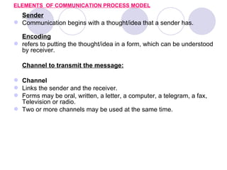 ELEMENTS OF COMMUNICATION PROCESS MODEL
  Sender
 Communication begins with a thought/idea that a sender has.

  Encoding
 refers to putting the thought/idea in a form, which can be understood
  by receiver.

   Channel to transmit the message:

 Channel
 Links the sender and the receiver.
 Forms may be oral, written, a letter, a computer, a telegram, a fax,
  Television or radio.
 Two or more channels may be used at the same time.
 